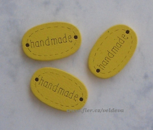 Štítek handmade dřevěný 4 ks žlutý 12 x 19 mm