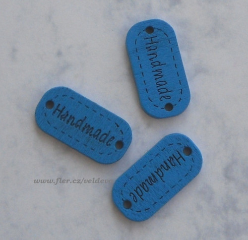 Štítek handmade dřevěný 3 ks modrý 12 x 23 mm