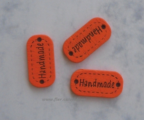 Štítek handmade dřevěný 3 ks oranžový 12 x 23 mm