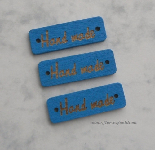 Štítek handmade dřevěný 3 ks modrý 10 x 30 mm