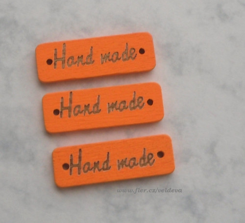 Štítek handmade dřevěný 3 ks oranžový 10 x 30 mm