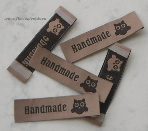 Štítek textilní handmade béžový 5 ks sovička