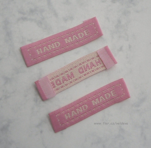 Štítek textilní světle růžový Hand made 5 ks