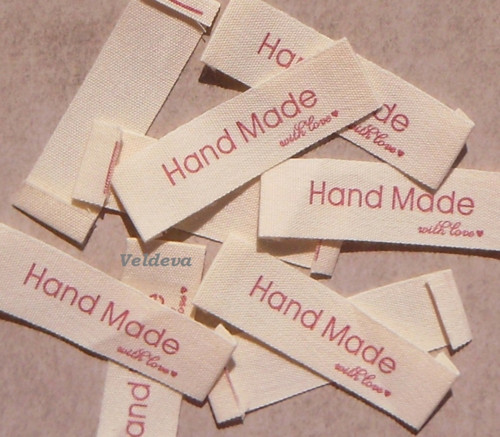 Štítek textilní slonová kost Hand made with 5 ks