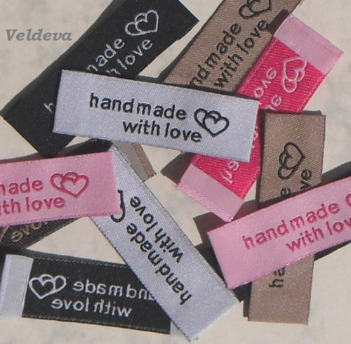 Štítek textilní růžový Hand made with love 5 ks