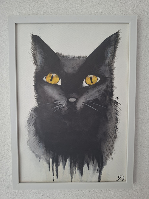 Autorský akvarel - černá kočka