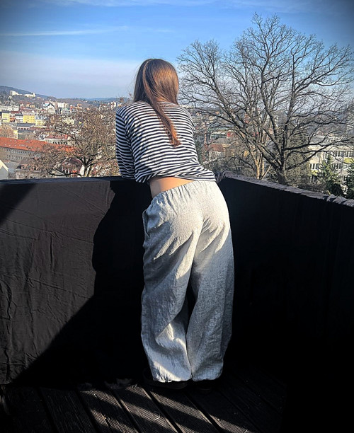 Lněné kalhoty vintage nebeské