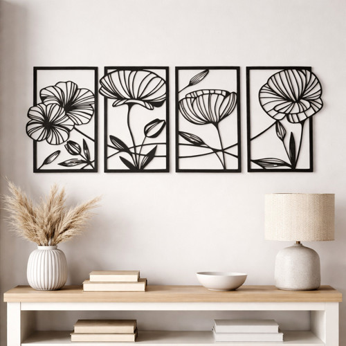 Květinový Line Art: Set 4 dekorací na zeď (70cm)