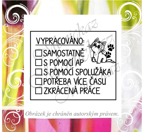 Vypracováno kočka menší 2503. Razítko.
