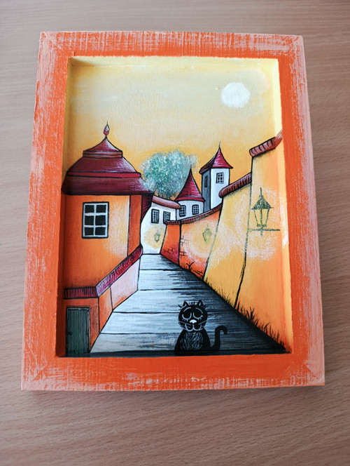 Městečko v oranžové..ručně malovaný obrázek