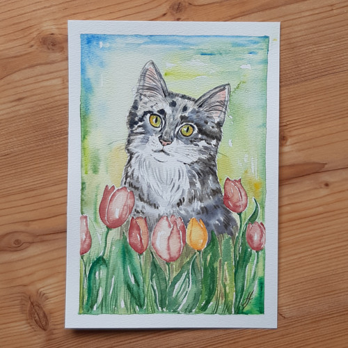 Kočka v tulipánech ORIGINÁL AKVAREL — foto 1
