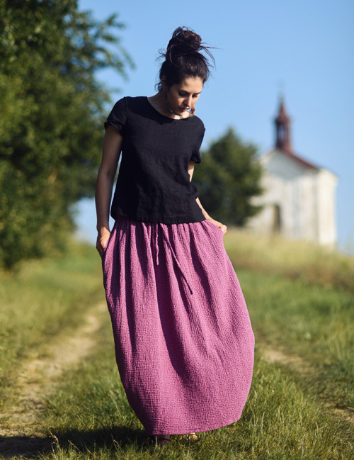 Maxi sukně z mušelínu - Fuchsiová puntíčková