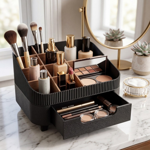 Make-up organizér s přihrádkami - Černo - pískový