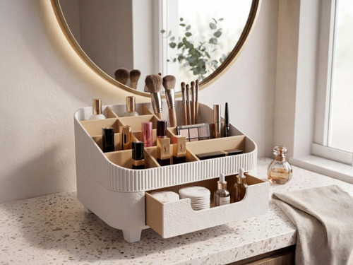 Make-up organizér s přihrádkami - Bílo - béžový