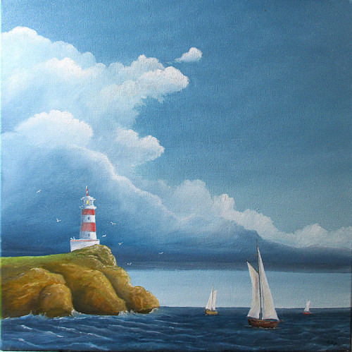 Maják na útesu-olej-40x40