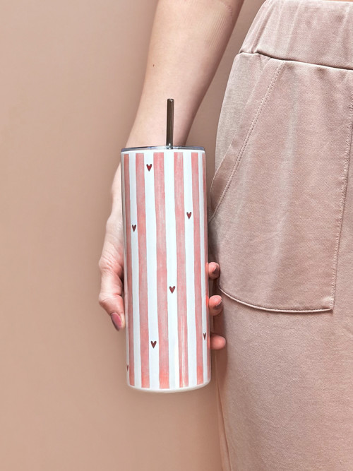Růžový termo kelímek s brčkem Love Stripes