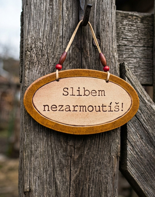 ..214 Keramická cedulka s vtipným textem o slibech