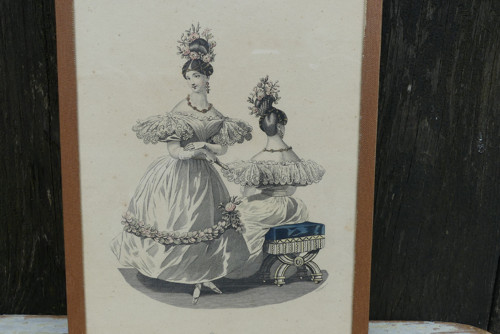 Zasklená ručně kolorovaná litografie, 19. st, móda