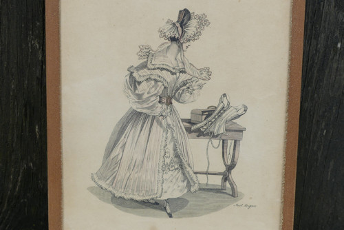Zasklená ručně kolorovaná litografie, 19. st, móda