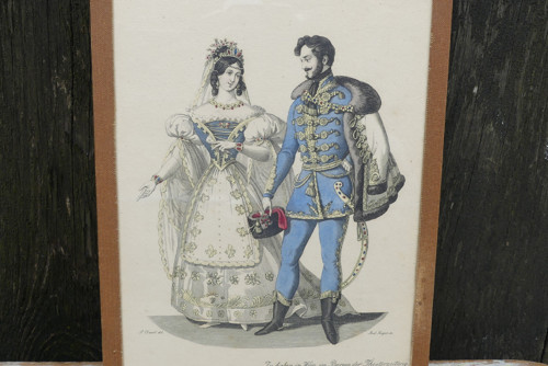 Zasklená ručně kolorovaná litografie, 19. st, móda