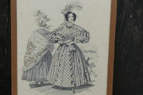 Zasklená ručně kolorovaná litografie, 19. st, móda