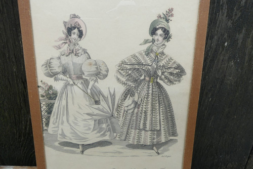Zasklená ručně kolorovaná litografie, 19. st, móda