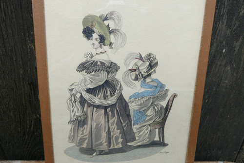 Zasklená ručně kolorovaná litografie, 19. st, móda