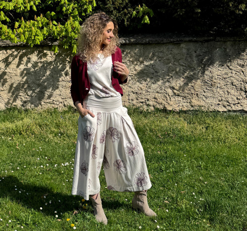 Kalhotová sukně maxi smetanová s květy