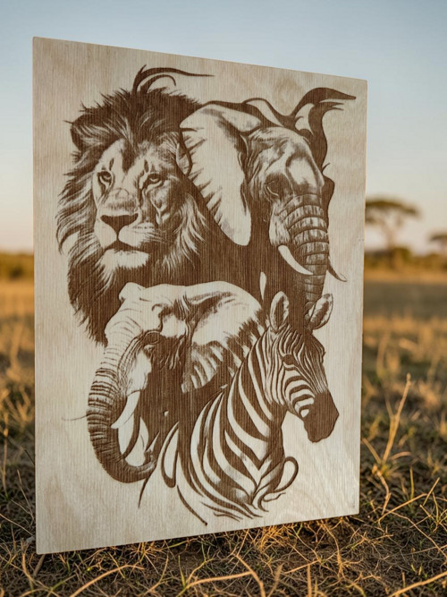Safari zvířata , Dřevěný vypalovaný obraz + stojan