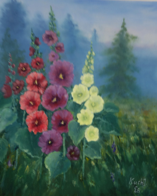 Květiny v ranním oparu, olej 60x50 cm