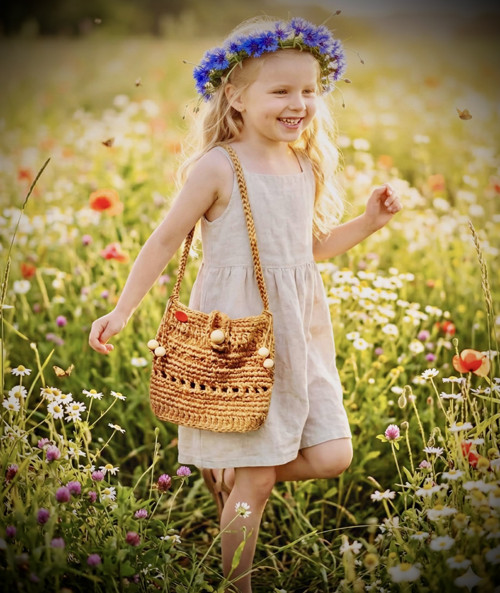 Jutov háčkovaná kabelka pro holčičku v boho stylu