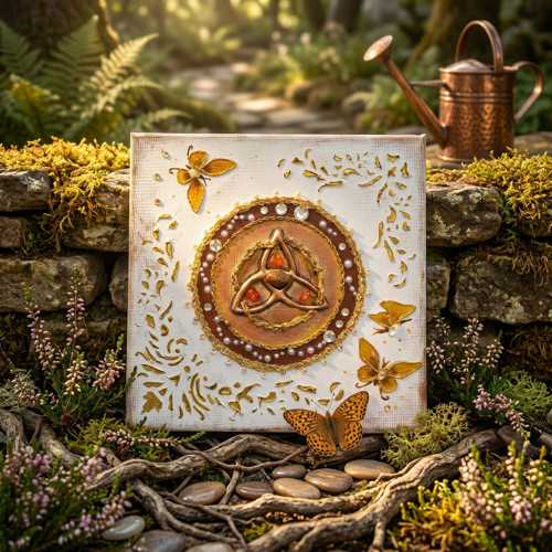 Zářič „Zlaté proměny“–Triquetra s jantary a motýly
