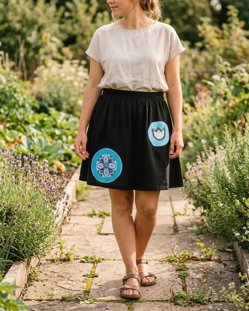 ČERNÁ S ORNAMENTY (M/L) - sukně, upcycling