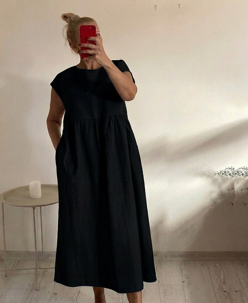 Ľanové Šaty s Vreckami /BLACK/