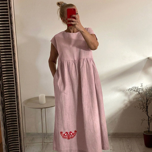 Letné FOLK ľanové šaty na každý deň / OLD ROSE/