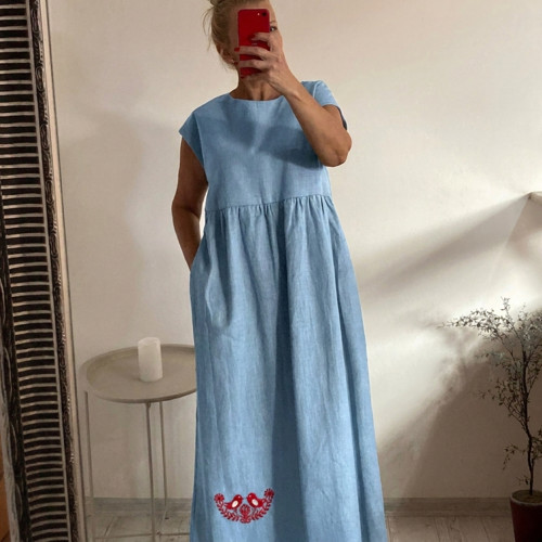 Letné FOLK ľanové šaty na každý deň / BABY BLUE/