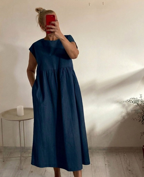 Letné FOLK ľanové šaty na každý deň / NAVY BLUE/