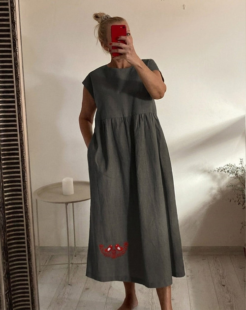 Letné FOLK ľanové šaty na každý deň / ANTRACIT/