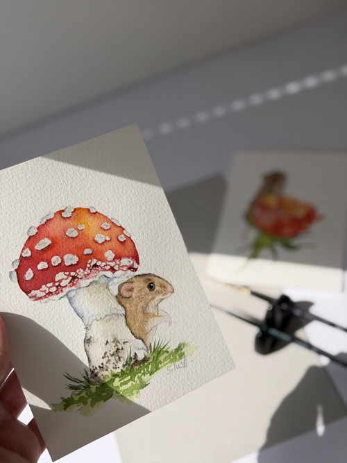 Myška a muchomůrka – originální akvarel