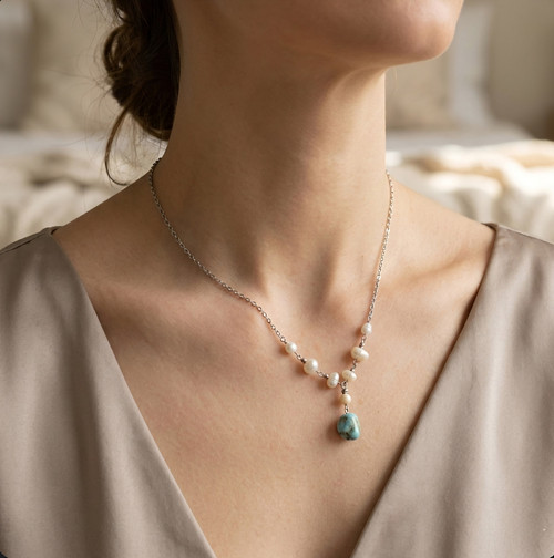 "Larisa 3" Náhrdelník (perly, larimar, ocel)