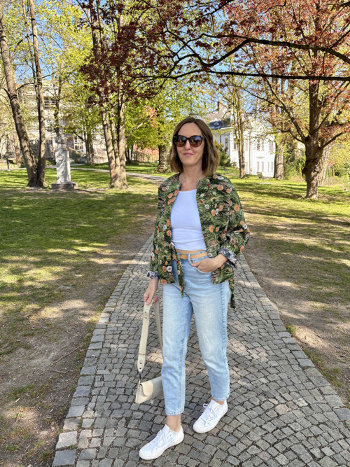 Wrap sako s kimono rukávem Pampelišky v zelené