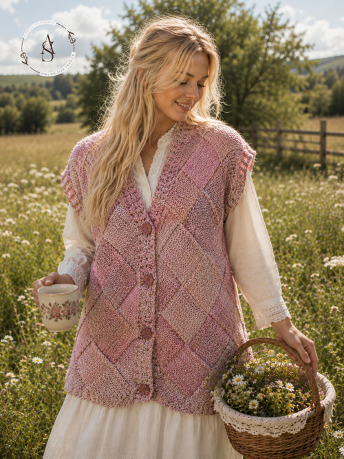 Romantická pletená vesta – růžový patchwork — foto 1