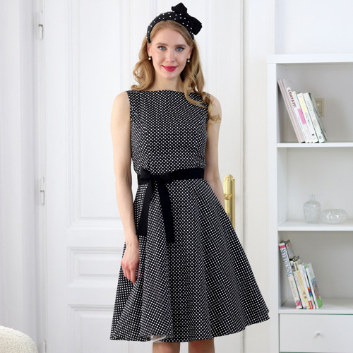 Betty - letní retro šaty, černé s puntíky