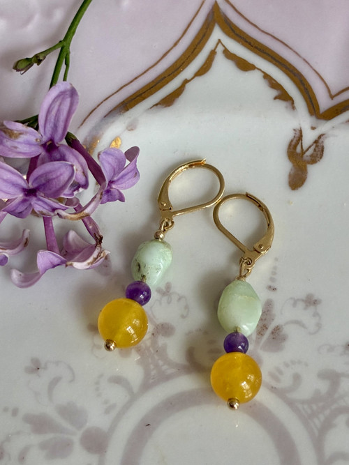 Náušnice chalcedon, ametyst, chryzopras, chir.ocel