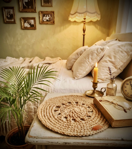Kulatá háčkovaná dečka z juty v boho stylu