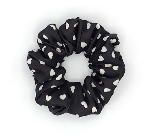 Scrunchie gumička černá - srdíčka - L - klasik