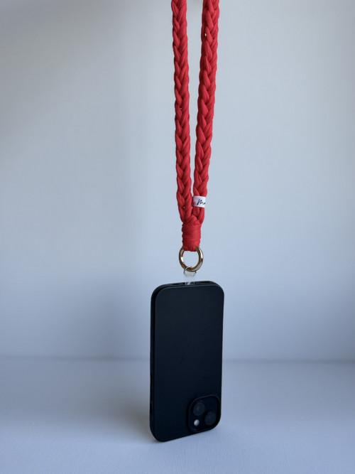 Háčkovaný slim popruh na telefon - červená