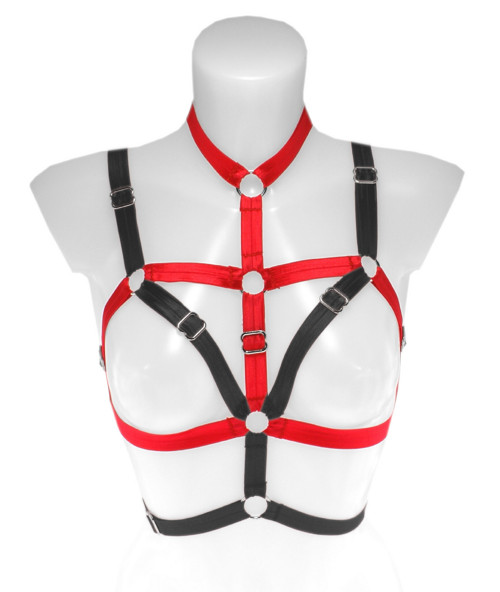 Červeno-černý nastavitelný goth harness postroj