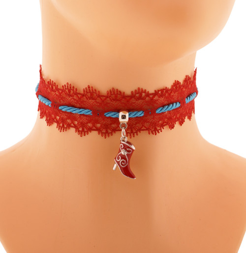 Růžový krajkový choker obojek s kovbojskou botou