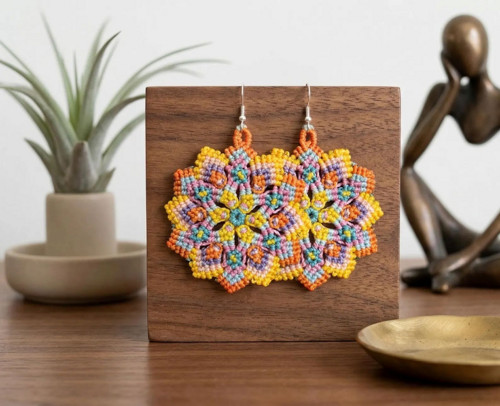 Barevné macramé náušnice mandala Letní květen